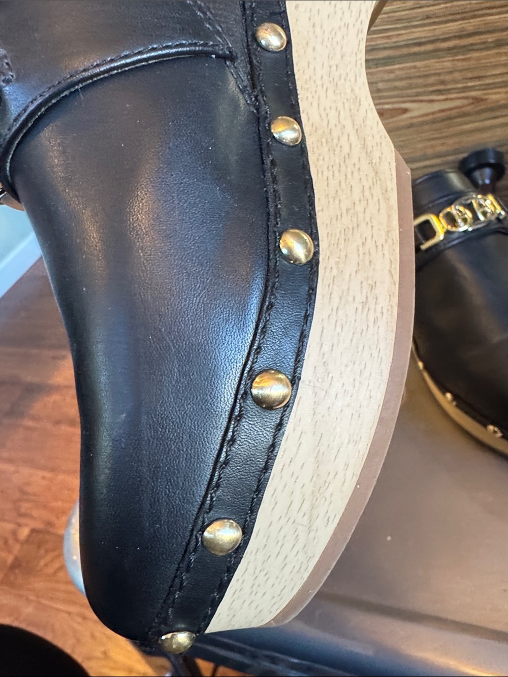 Sam Edelman Black Leather Slip-On Clogs with Gold Chain Accent - Picture 10 of 11